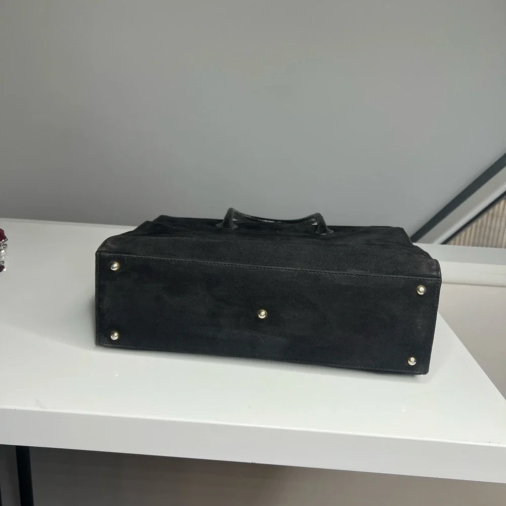 Escada Black Croc Embossed Leather Suede Pocket Structured Satchel Tote Bag